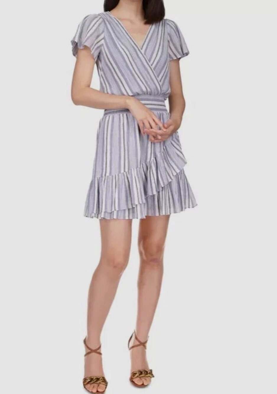 Michael Kors Grey & White Striped Faux Wrap Flutter Sleeve Mini Dress